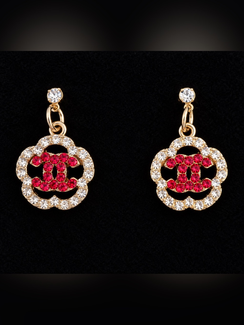 CHANEL Gold Drop Earrings with Red and Clear Crystals